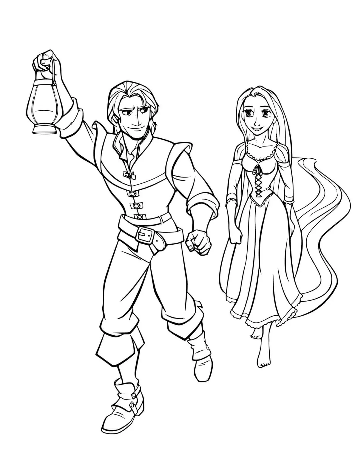 Flynn Rider and Rapunzel Walking Together with a Lantern coloring page to print