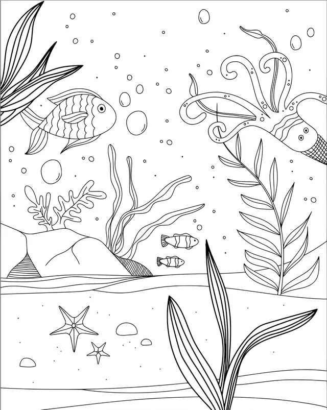 Coloriage Fond Marin Algues Et Poissons De Mer - Mer à imprimer