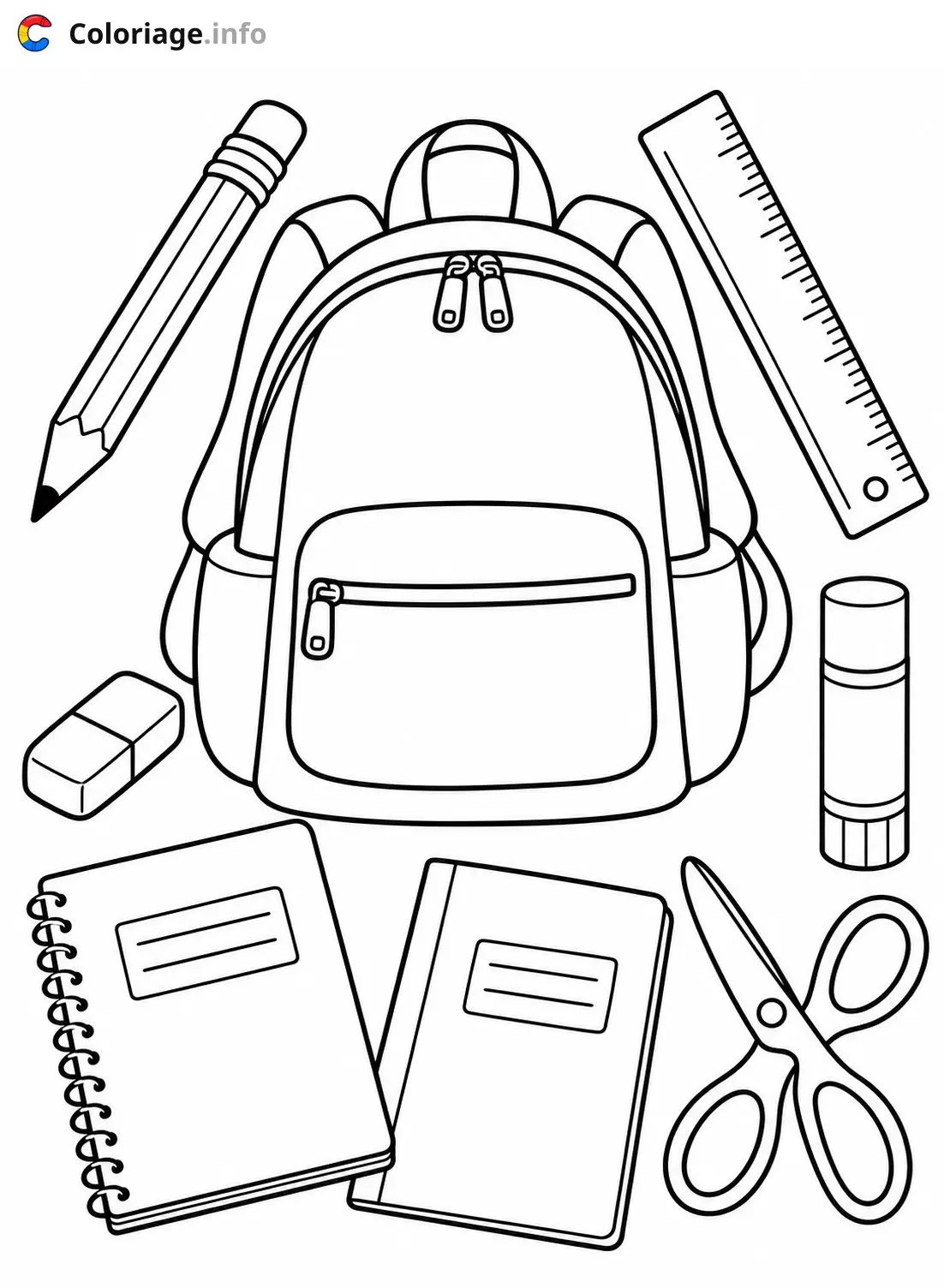 Coloriage Fournitures scolaires et sac à dos à imprimer