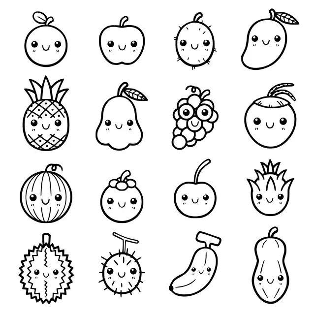 Coloriage Fruits mignons et adorables - Fruits à imprimer