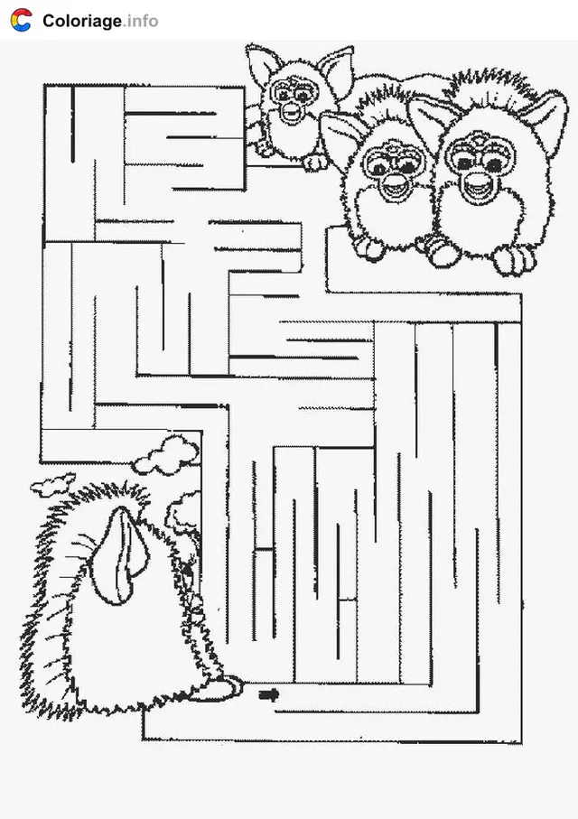Desenho de Furbies em um labirinto divertido para colorir