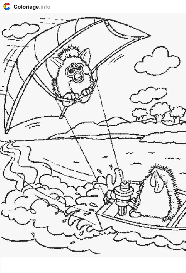 Desenho de Furby pilotando um disco voador para colorir