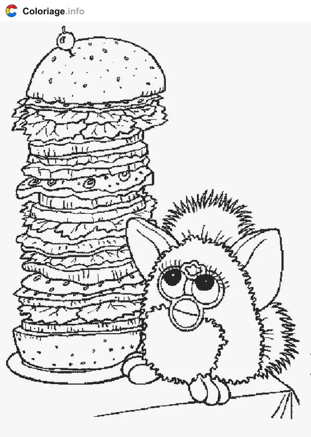 Desenho de Furby e seu hambúrguer gigante para colorir