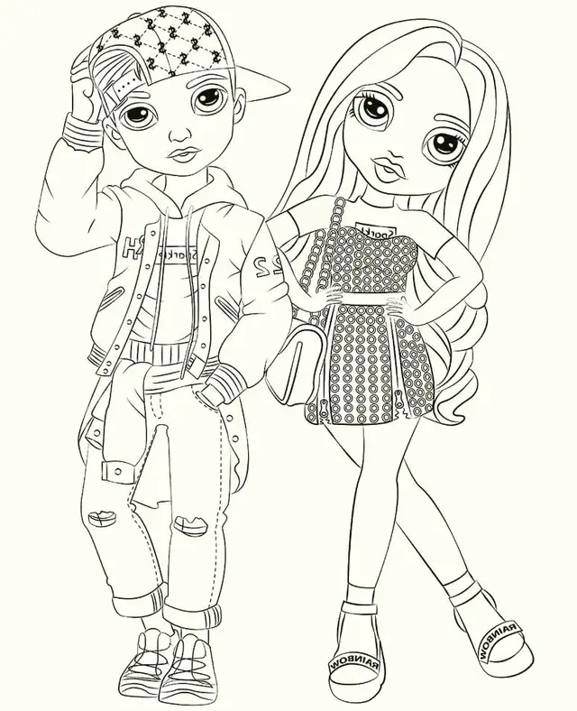 Dibujo de Chico y Chica Moda Urbana Rainbow High para colorear
