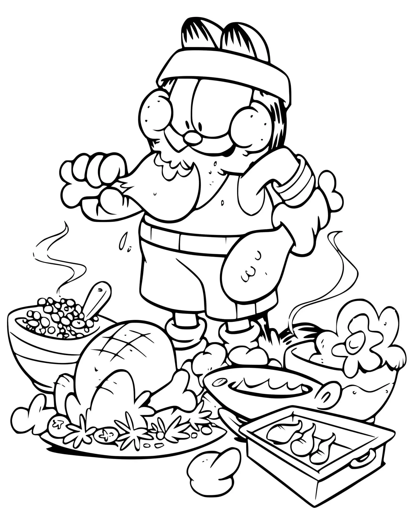 Coloriage Garfield Deguste Un Grand Festin De Poulet Après Une Séance De Sport - Garfield à imprimer