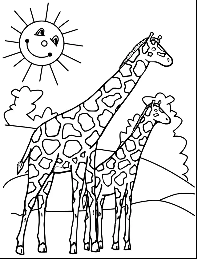 Coloriage Girafe Dans La Nature Avec Un Soleil Souriant - Girafe à imprimer