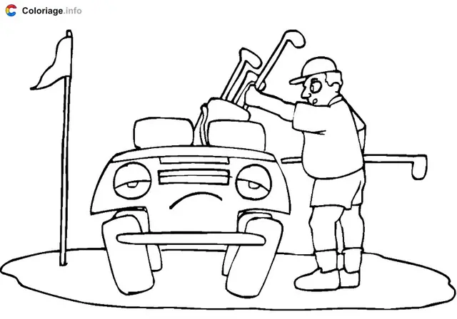 Coloriage Golfeur sur le green avec sa golfette - Golf à imprimer