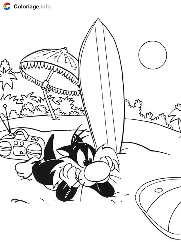 Coloriage Gros minet a la plage à imprimer