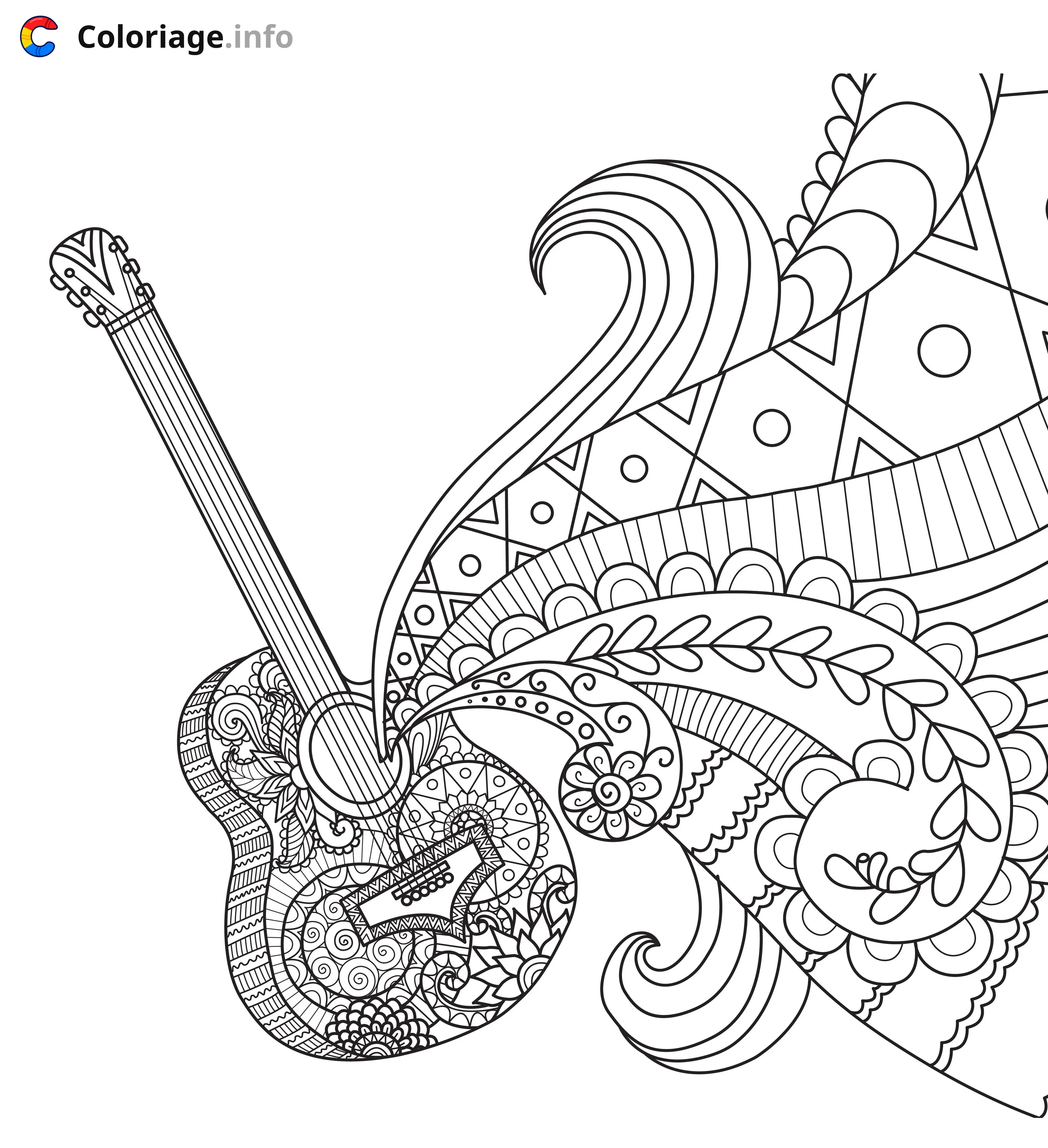 Coloriage Guitare décorée avec motifs floraux - Musique à imprimer