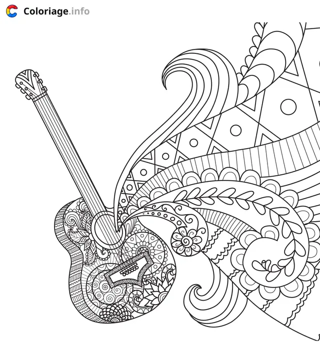 Coloriage Guitare décorée avec motifs floraux - Musique à imprimer