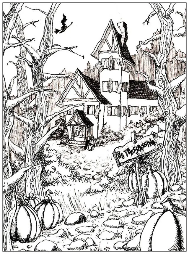 Coloriage Halloween Adulte Maison Citrouilles - Adulte à imprimer