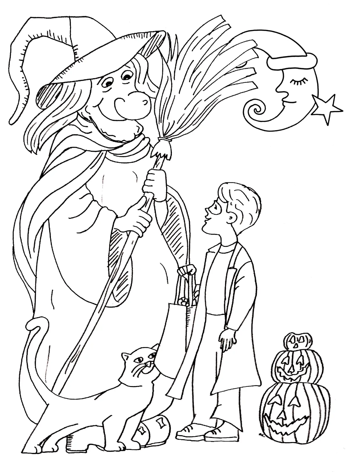 Desenho de Bruxa Gentil Conversando com uma Criança para colorir