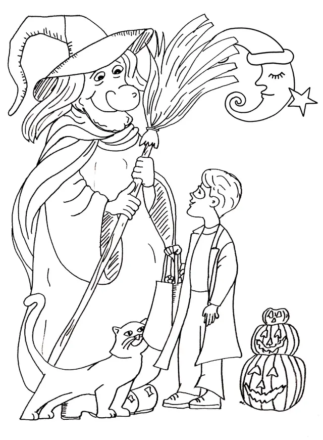Coloriage Halloween Gentille Sorcière Parle Avec Un Enfant - Sorcière à imprimer