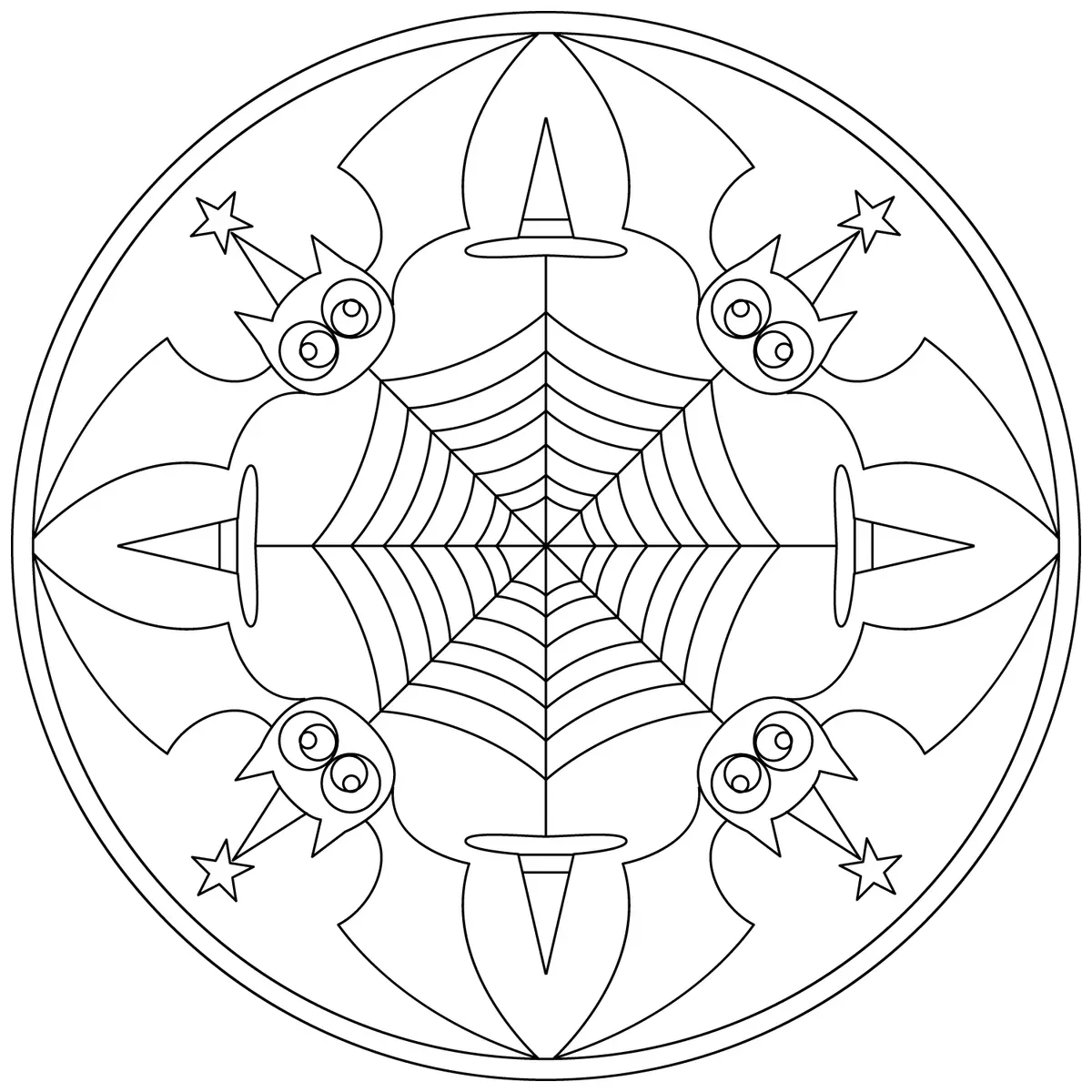 Disegno di Mandala Halloween con pipistrello e ragnatela da stampare
