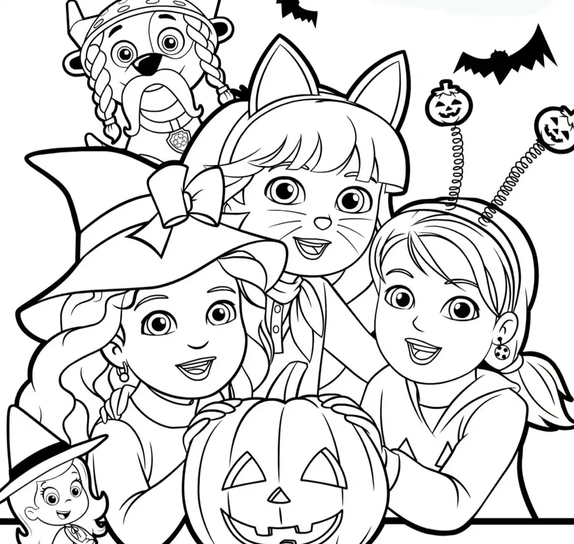 Kleurplaat Halloween Paw Patrol en Dora met pompoen om te printen
