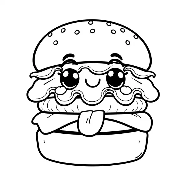 Ausmalbild Kawaii Hamburger zum Ausdrucken