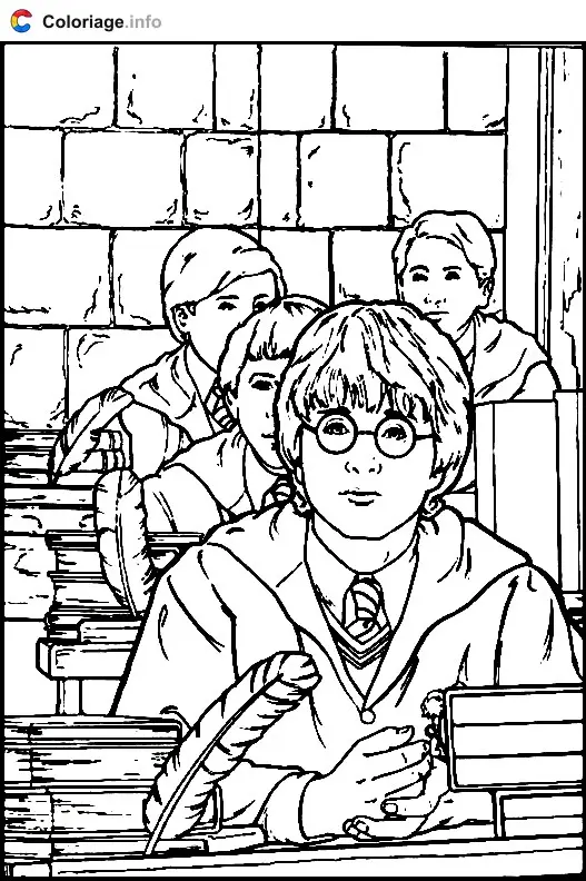 Coloriage Harry en classe a Poudlard - Harry potter à imprimer