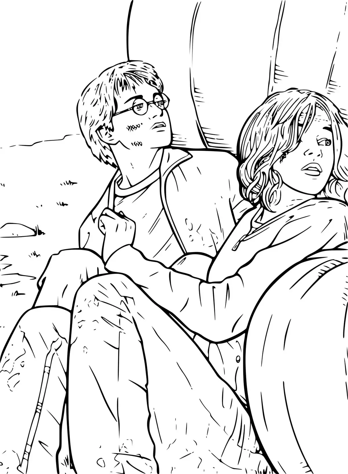 Coloriage Harry Et Hermione Se Cachent Du Danger - Harry potter à imprimer