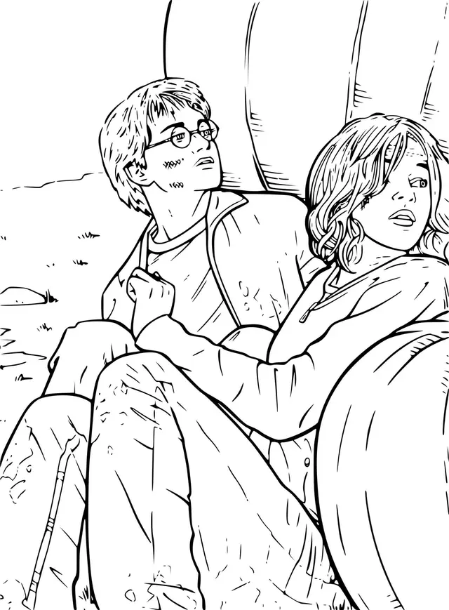Coloriage Harry Et Hermione Se Cachent Du Danger - Harry potter à imprimer