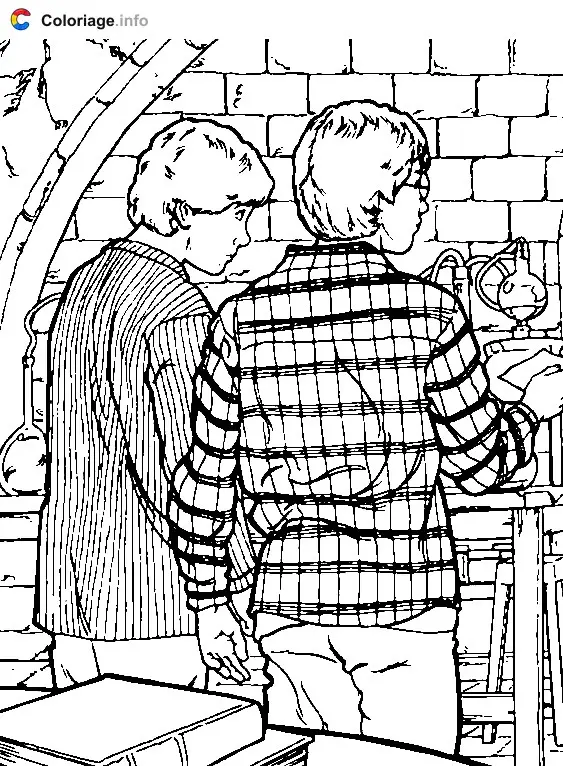 Coloriage Harry et Ron en classe - Harry potter à imprimer