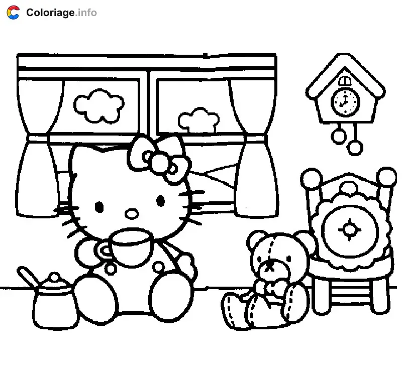 Coloriage Hello Kitty dans sa maison cosy - Hello kitty à imprimer