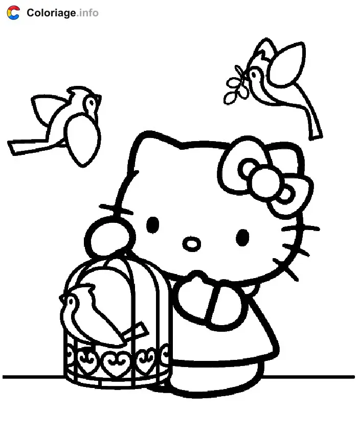 Coloriage Hello Kitty avec sa cage à oiseaux - Hello kitty à imprimer