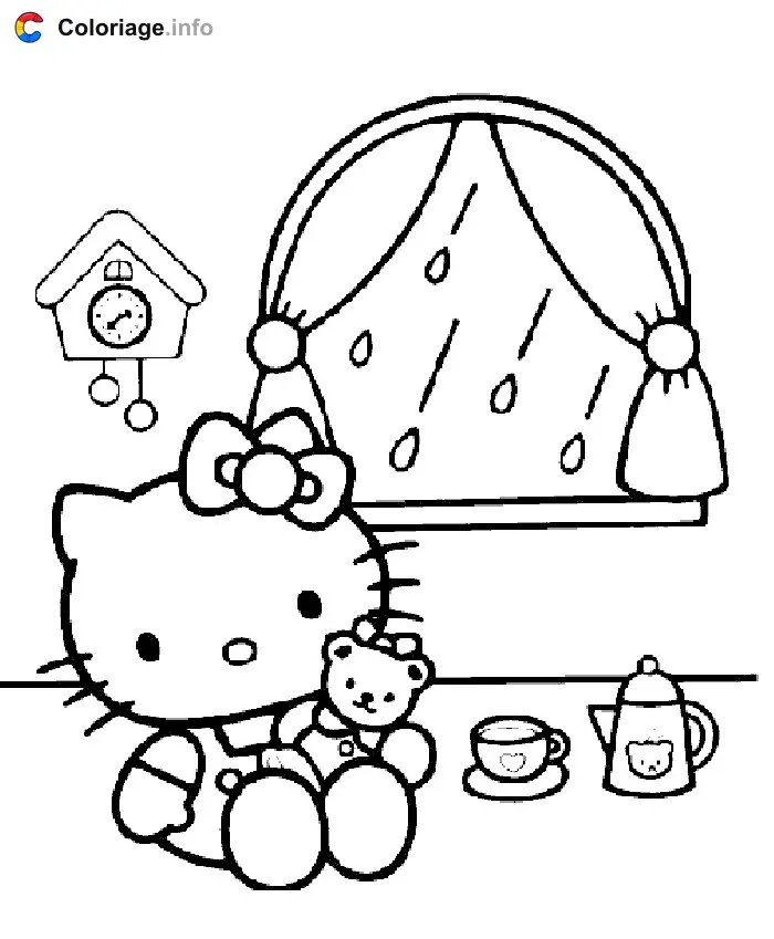 Coloriage Hello Kitty sous son parapluie - Hello kitty à imprimer
