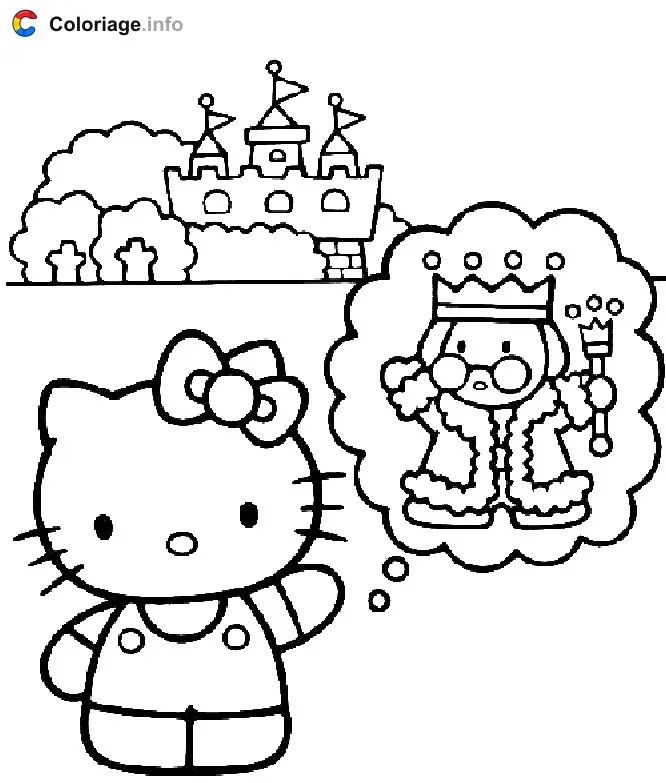 Coloriage Hello Kitty rêvant d'un château royal - Hello kitty à imprimer