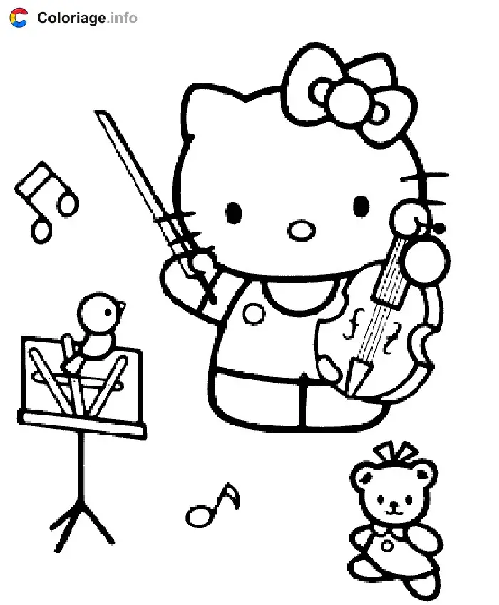 Coloriage Hello Kitty musicienne avec ses instruments - Hello kitty à imprimer