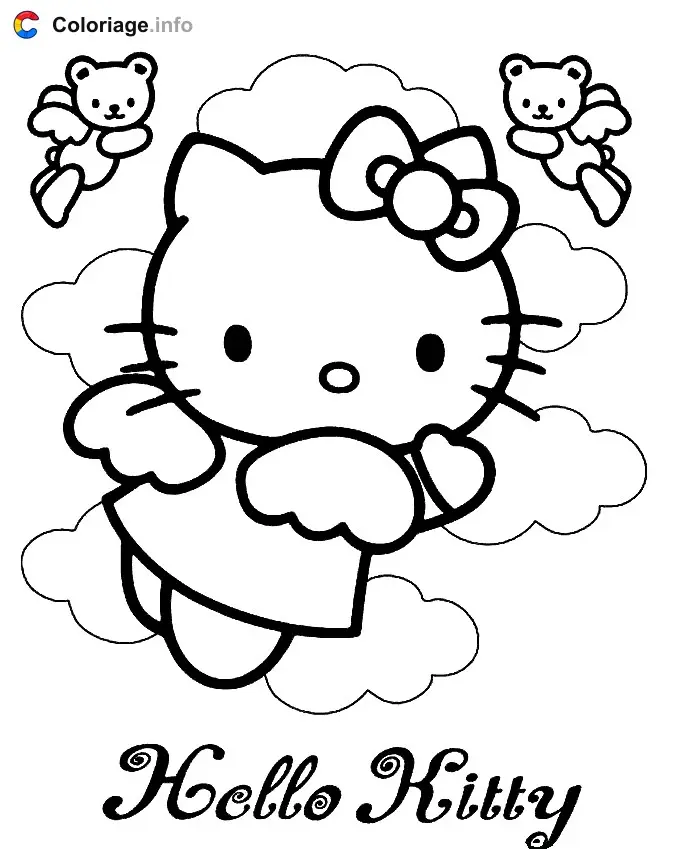 Coloriage Hello Kitty jouant avec les nuages - Hello kitty à imprimer