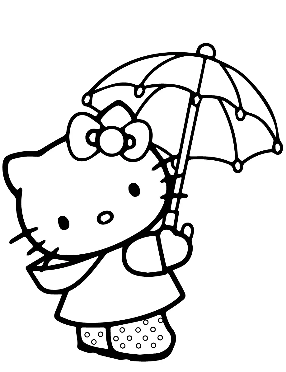Coloriage Hello Kitty Sous Un Parapluie - Hello kitty à imprimer