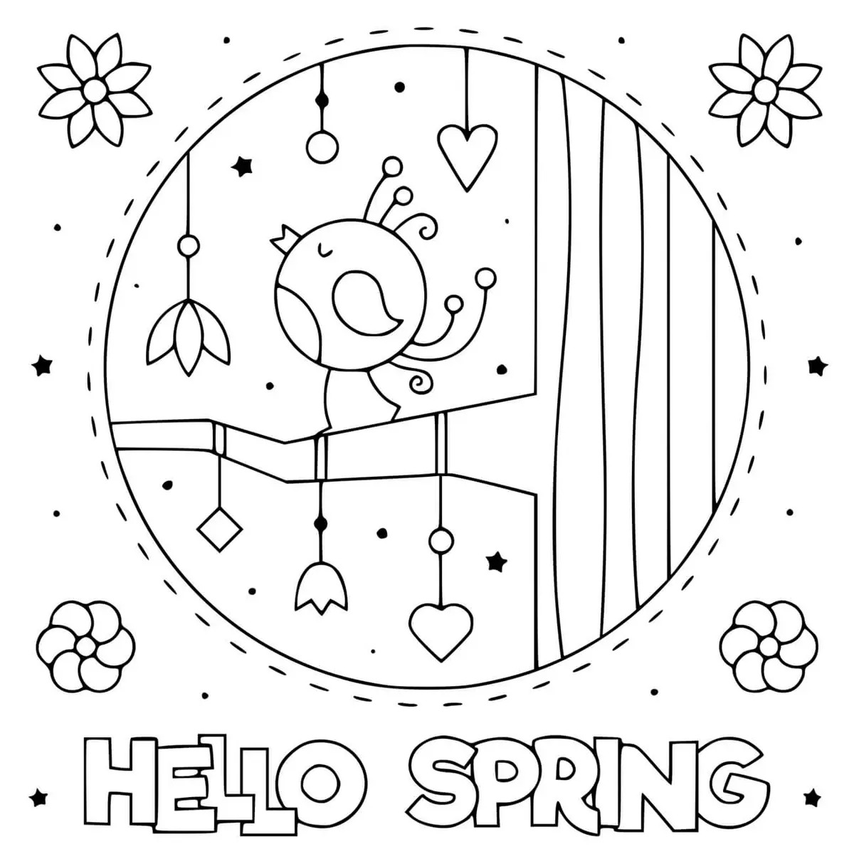Kleurplaat Hello Spring met zingende vogel om te printen