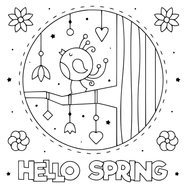 Coloriage Hello Spring Avec Oiseau Qui Chante - Printemps à imprimer