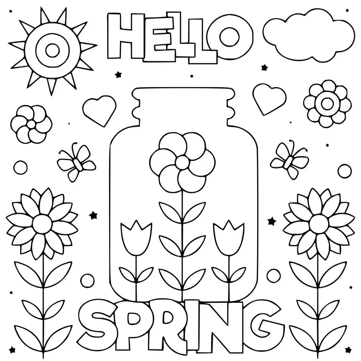 Hello Spring Flowers and Sun coloring page to print