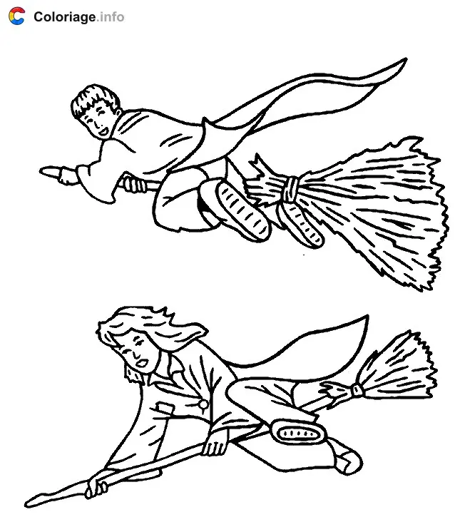 Coloriage Hermione et Ron sur leurs balai magique - Harry potter à imprimer