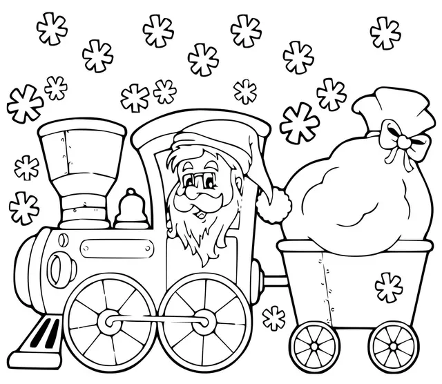 Coloriage Hiver Flocons De Neige Père Noël Sur Un Train Pour Distribuer Des Jouets - Hiver à imprimer