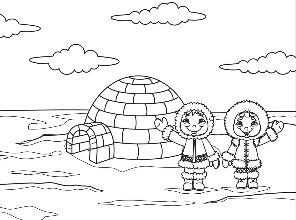 Ausmalbild Iglu und Inuit – Indigenes Volk der Inuk in Kanada zum Ausdrucken