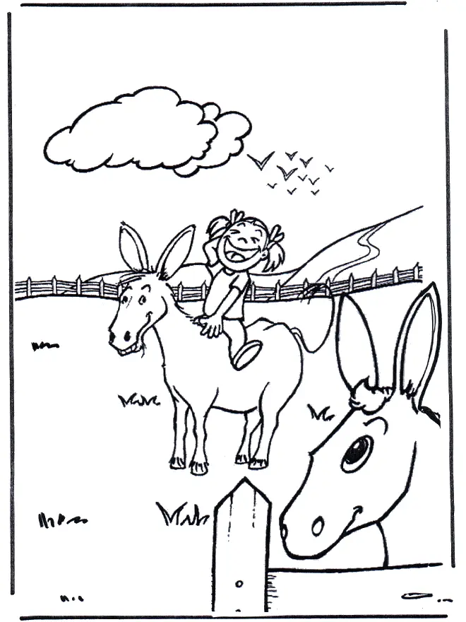 Coloriage Âne portant une charge de foin riant - Âne à imprimer