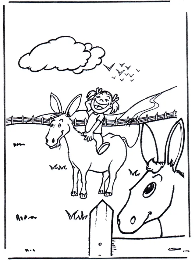 Coloriage Âne portant une charge de foin riant - Âne à imprimer