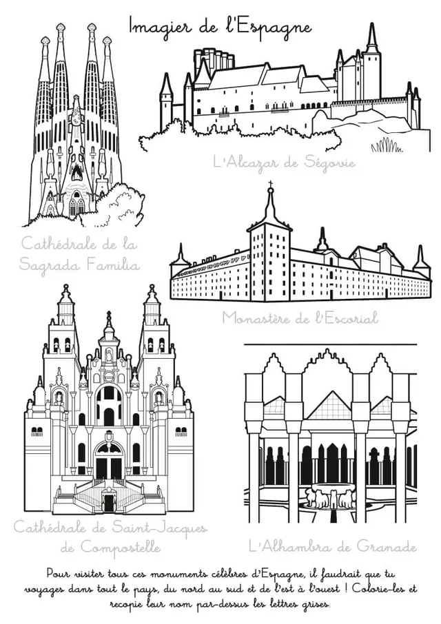 Coloriage Imagier Espagne Monuments Célèbres Cathedrales - Espagne à imprimer