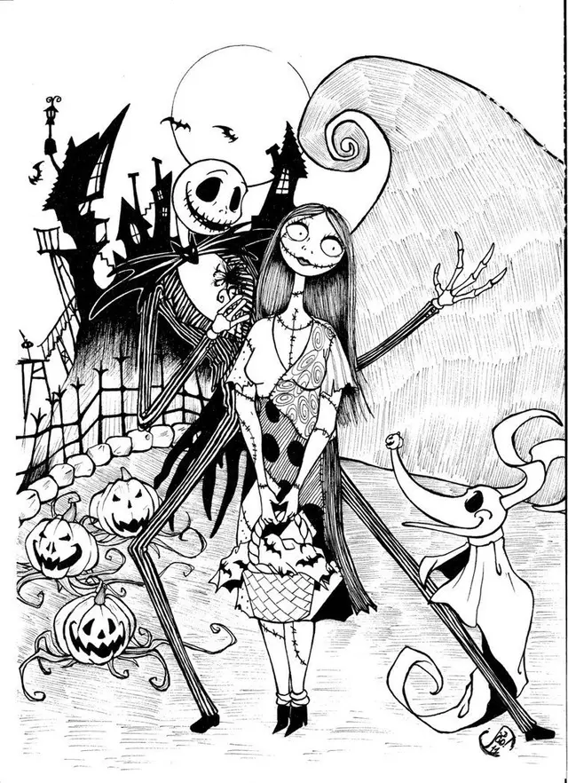 Ausmalbild Jack Skellington mit Sally Ausmalbilder zum Ausdrucken