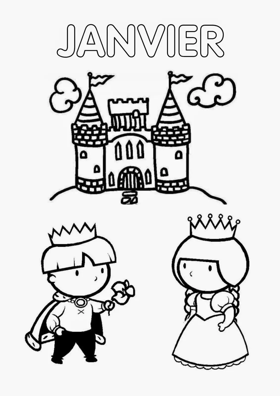 Coloriage Janvier Château Prince Et Princesse - Janvier à imprimer