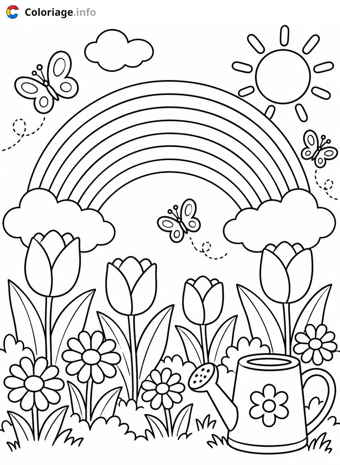 Coloriage Jardin arc-en-ciel avec fleurs et papillons - Arc en ciel à imprimer