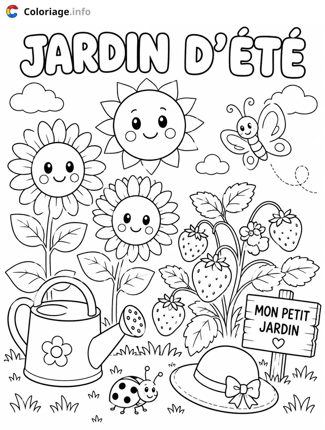 Coloriage Jardin d'été avec fleurs souriantes - Été à imprimer