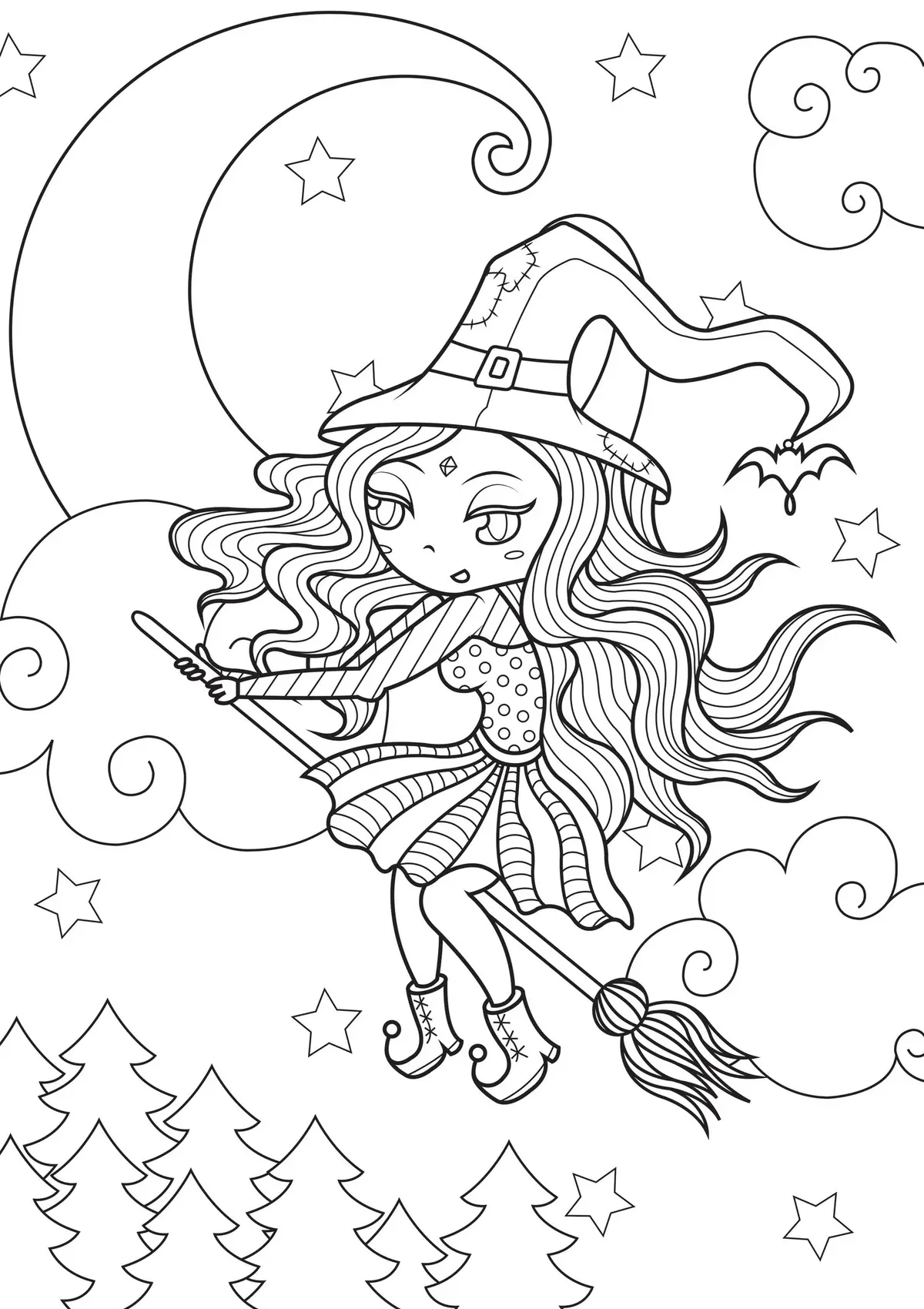 Desenho de Bruxa Linda Sob a Lua para colorir