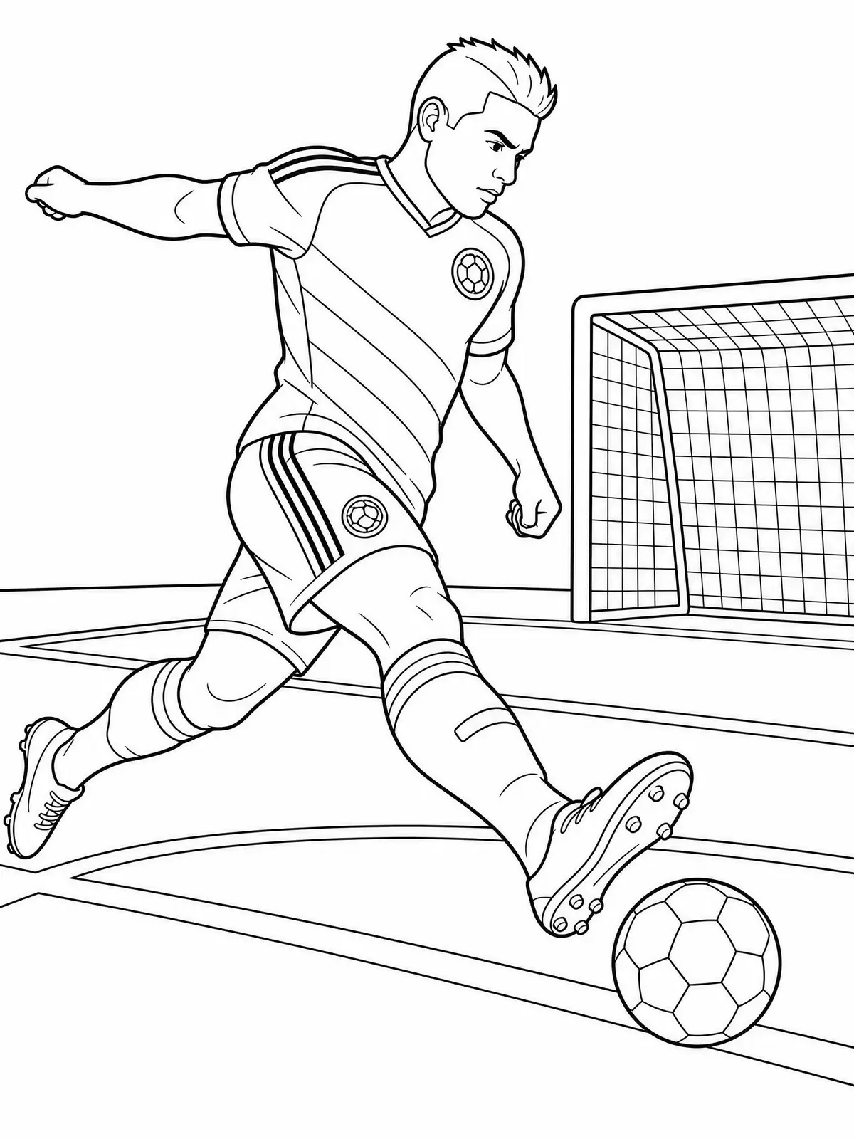Ausmalbild Fußballspieler im Dribbling auf das Tor – WM 2026 zum Ausdrucken