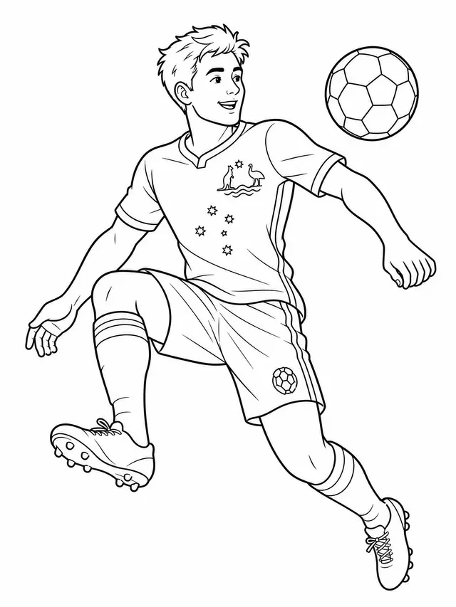 Desenho de Jogador com uniforme da Austrália driblando com canguru para colorir