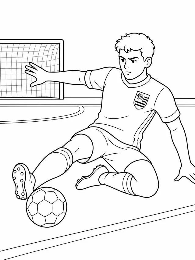 Desenho de Jogador do Uruguai em tacle deslizado na frente do gol para colorir