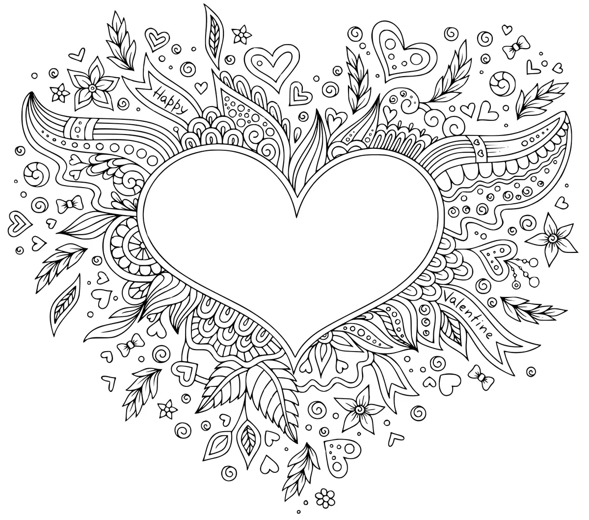 Ausmalbild Fröhlicher Valentinstag – Herz mit Mustern zum Ausdrucken