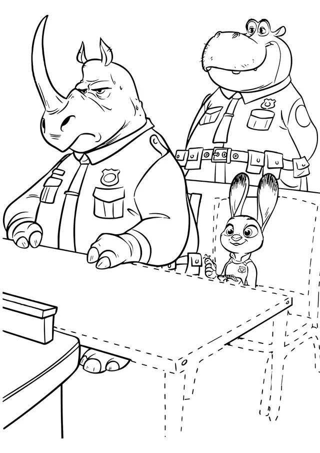 Coloriage Judy Hopps Avec Des Officiers Rhinoceros Et Hippopotame A Zootopie - Zootopie à imprimer